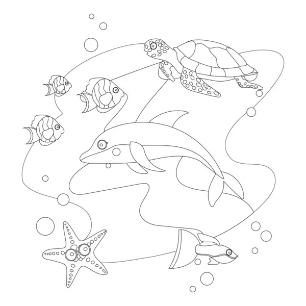Розмальовки Морські Дикі Тварини Дельфін Плаває Черепахою Морською Зіркою Деякими — стоковий вектор