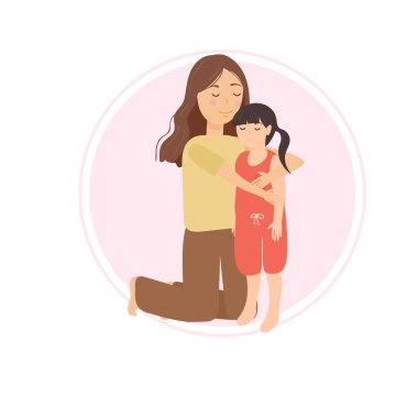 Anne-kız kucaklaşması. Sıcak aile kucaklaşması. Aşk ilüstrasyonu.