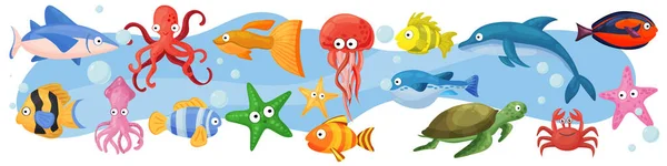 Grote Veelkleurige Set Zee Oceaandieren Vissen Onder Water Zeedieren Voor — Stockvector