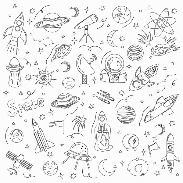 Векторный набор "Космические слоны" в черно-белом стиле