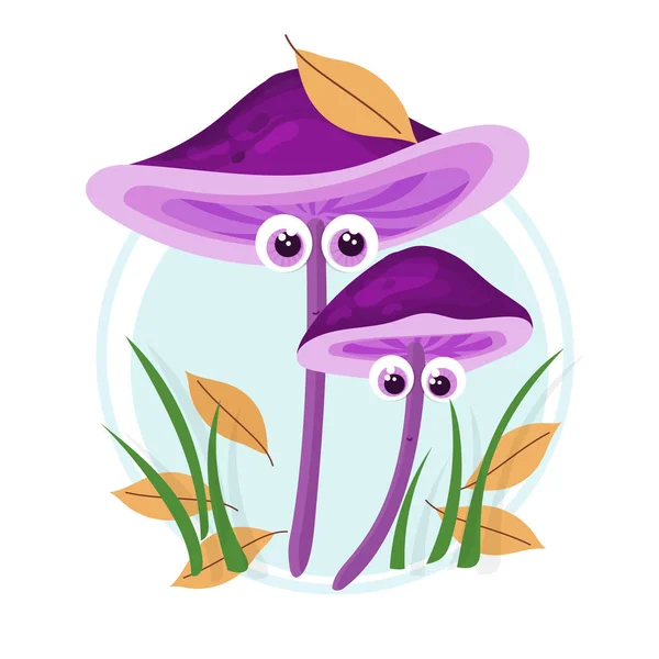 Purple Mushrooms Cartoon Style Mushrooms Autumn Forest Grass Orange Golden — Stock Vector