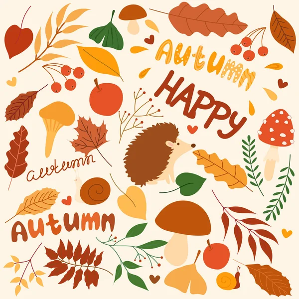 Podzimní Sbírka Zvířat Rostlin Nápisů Podzimním Opadavém Setu Podzimní Soubor — Stockový vektor