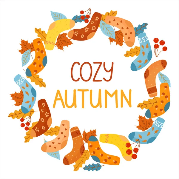 Herfstcompositie Van Een Gezellig Herfstseizoen Met Warme Veelkleurige Sokken Herfstbladeren — Stockvector