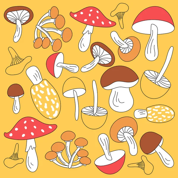 Mushroom Background Trendy Colors Autumn Set Cool Mushrooms Collection Wild — Stock Vector