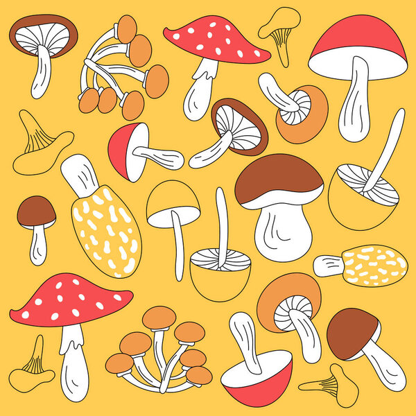 Mushroom background in trendy colors. Autumn set of cool mushrooms. A collection of wild mushrooms in cartoon doodle style with incomplete painting.