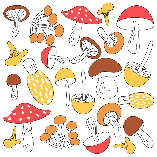 Simple illustrations of mushrooms with incomplete painting. A collection of doodle-style wild mushrooms is isolated on a white background.