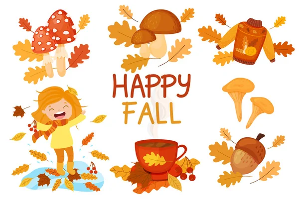 Podzim Soubor Podzimních Ilustrací Kresleném Stylu Izolovaných Bílém Pozadí Podzimní — Stockový vektor