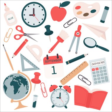 Eylül ayının ilk günü için beyaz bir arka planda izole edilmiş karalama tarzında okul malzemeleri. Karalama okul eşyaları, ofis kağıtları koleksiyonu.