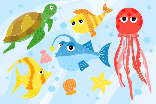 Cartoon Stijl Zeeleven Onder Water Schildpad Kwallen Vissen Leuke Zeedieren — Stockvector