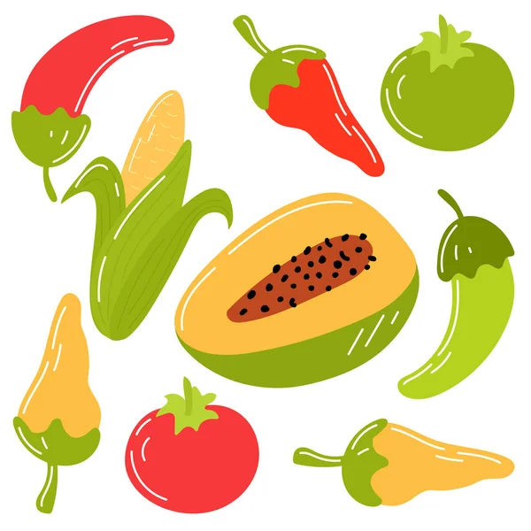 メキシコの野菜と果物 パパイヤ ホットペッパー トマト トウモロコシのコレクション 白い背景に隔離された漫画スタイルの野菜のセット — ストックベクタ
