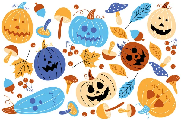 Terribles Citrouilles Vacances Pour Halloween Décorations Thématiques Ensemble Joyeux Citrouilles — Image vectorielle