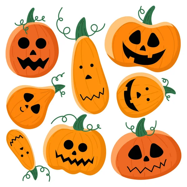 Terribles Citrouilles Vacances Pour Halloween Décorations Thématiques Ensemble Citrouilles Orange — Image vectorielle