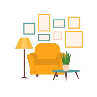 Mobilyalar vektör grafikleri, bir koltuk, bir lamba, bir masa ve düz tablolar. Oturma odasının içi sıcak renklerle bembeyaz..