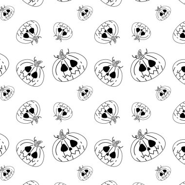 Tekstil için arka plan, sonbahar festivali için dekoratif unsur, Cadılar Bayramı partisi. Yapraklı ve mantarlı sonbahar balkabağı deseni, eğlenceli Cadılar Bayramı.