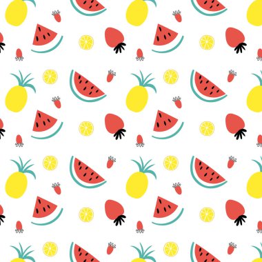 Karpuz, ananas ve böğürtlen, ürünler için kusursuz bir kalıp, eskiz defterleri, defterler ve çeşitli tasarımlar. Meyve şablonu, meyve arka planı, karpuz çileği havası..