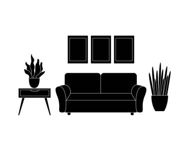 Mobilya kompozisyonu vektör grafikleri, bir koltuk, bir lamba, çizim gibi bir tablo. Oturma odasının içi siyah beyaz, bembeyaz..