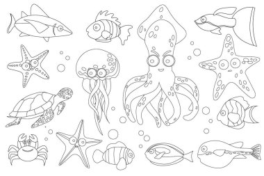 Büyük siyah beyaz deniz ve okyanus hayvanları ve suyun altındaki balıklar. Kitaplar için deniz hayvanları ve çocuklar için oyunlar. Çocuklar için deniz boyası.
