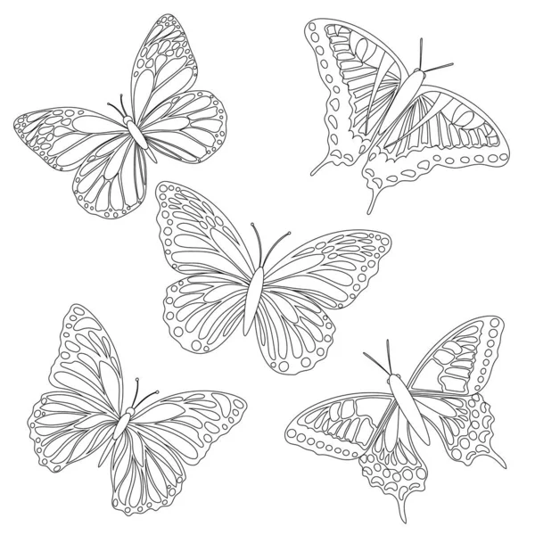 Conjunto Mariposas Blanco Negro Sin Relleno Para Libros Para Colorear — Vector de stock