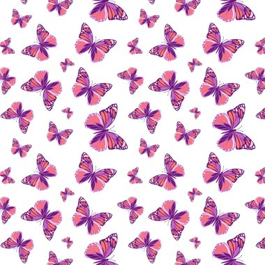 Böcekler, kelebek deseni, arka plan, mor pembe bahar modu. Arkaplanda ve paketlerde kelebekler olan yumuşak, pürüzsüz bir desen..