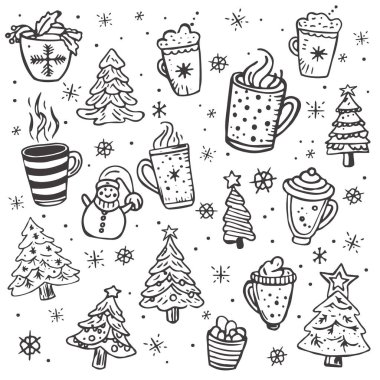 Çaylı, sıcak çikolatalı ve Noel ağaçlı sıcacık fincanların yeni yıl karalaması. Noel karalama ağaçları ve sıcak içecekler..
