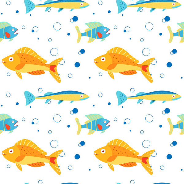 Multicolor marine life background, marine animals for children's textiles and various marine designs. Colorful seamless pattern with sea fish of different colors.