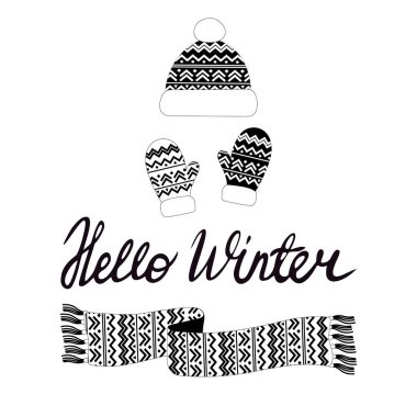 Sıcak kıyafetler, eldivenler ve şapkalar, örgü aksesuarlar, Noel şablonları, yeni yıl. Kış eldivenleri, atkı ve şapka beyaz arka planda izole edilmiş noel renklerinde..