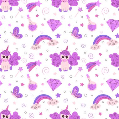 Tek boynuzlu atlar, peri masalı objeleri, sihirli değnekler, fantezi karakterler üzerinde sevimli, sihirli desenler. Çocuk tekstil ürünleri, duvar kağıtları, tek boynuzlu atlar ve tatlı bulutlar için harika bir arka plan..