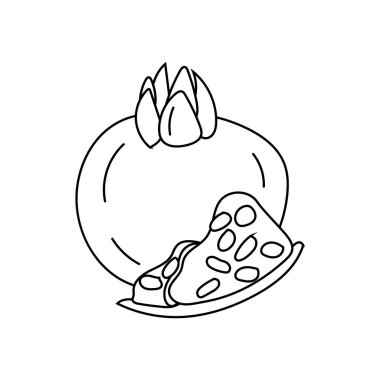 Nar, tam meyve ve yarım nar tohumu, beyaz üzerine izole edilmiş siyah beyaz. Çocuk malzemeleri için gıda vektörü illüstrasyonu, siyah çizgi, boyama kitabı.