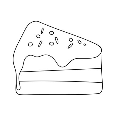 Bir dilim kremalı doğum günü pastası, bir parça tatlı ikramının siyah beyaz vektör çizimi.