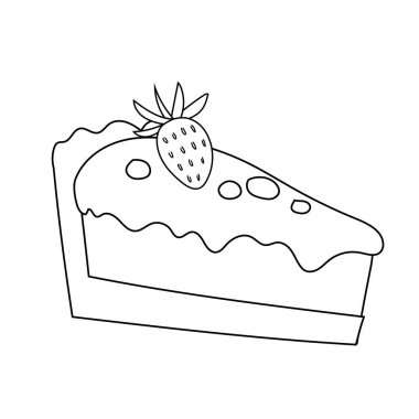 Krema ve böğürtlenli bir dilim doğum günü pastası, karalama siyah ve beyaz vektör çizimi bir parça tatlı ikram.