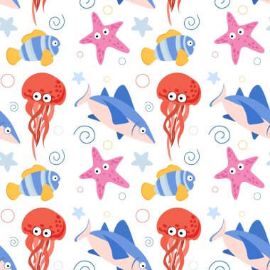 Deniz hayvanlarının, denizanalarının, köpekbalıklarının, mercan balıklarının kusursuz desenleri, tekstil, duvar kağıdı ve deniz temalı tasarımlar için uygun deniz canlılarının arka planları..