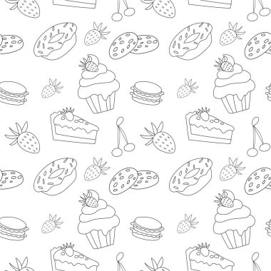 Tatlı karalama şekerler, kekler, şekerler, şekerler, turtalar ve böğürtlenlerin kusursuz bir örneğidir. Mutfak arka planı, duvar kağıdı, pastaneler için ambalaj, boyama kitabı, siyah ve beyaz.