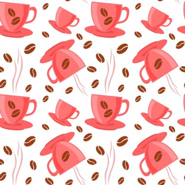 Fasulyeli kahve fincanlarının kusursuz deseni. Duvar kağıdı, ambalaj kağıtları kahve dükkanları ve sıcak içecek dükkanları için ambalaj kağıdı, şık kapuçino Americano arka planı..