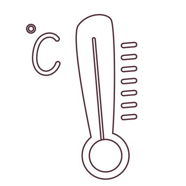 Hava tahmini ve iklim ölçümü için siyah ve beyaz Celsius termometre simgesi. Karalama stilinde basit sıcaklık göstergesi, eğitici materyaller ve meteoroloji için mükemmel..