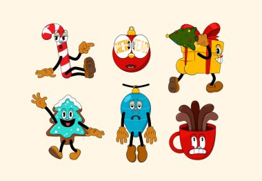 Set of retro cartoon stickers with funny comic characters. Cute comic gloved hands characters in Contemporary style. Doodle Comic characters for holiday of the new year and christmas. clipart