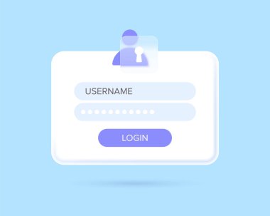 Modern trend 3D tarzı ve cam morfizminde giriş sayfasını aç. Kullanıcı adı ve parola girilen alanlarla ilgili bilgilendirme sayfası. Vektör İllüstrasyonu