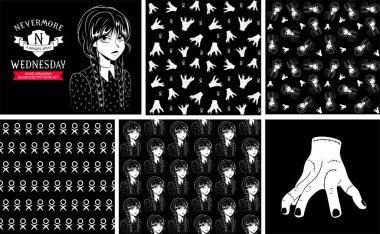 Wednesday hand drawing seamless pattern set. Endless backdrop with character of family addams clipart