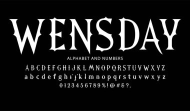 İşaretleri, sembolleri ve numaraları olan yeni vektör Çarşamba alfabesi. Siyah arkaplanda beyaz.