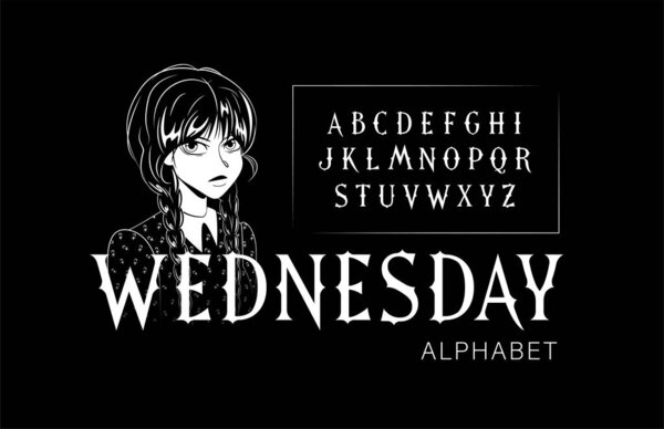 Vector Wednesday alphabet. White on black background