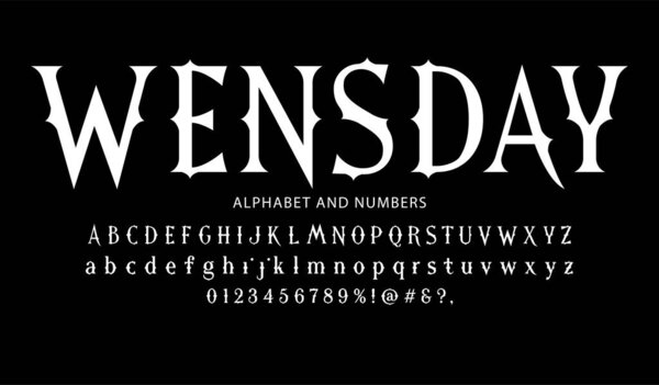 New vector Wednesday alphabet with signs, symbols and numbers. White on black background.
