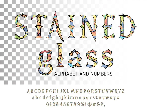 Stained Glass Alphabet Decorative Transparent Colored Piece Glass Vector Font — Stock Vector