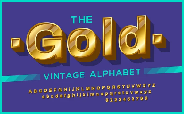 イタリックのレトロゴールドの太字フォント 3D効果と影を持つ金のアルファベット — ストックベクタ