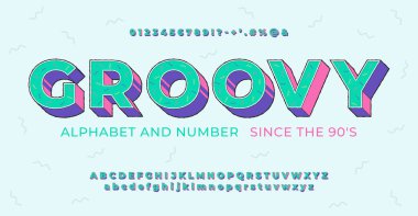 Parlak retro font 90 'lar, çizgi film tarzında 80' ler. Harf, sembol ve sayılarla vektör retro alfabesi.