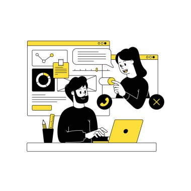İş faaliyetlerine katılan erkek ve kadınların olduğu sahneler. İş kavramı çizimleri. Başlangıç, takım çalışması, online çağrı, tartışma, işbirliği. Vektör illüstrasyonu