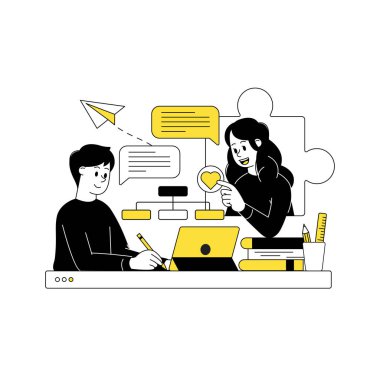 İş faaliyetlerine katılan erkek ve kadınların olduğu sahneler. İş kavramı çizimleri. Başlangıç, takım çalışması, online çağrı, tartışma, işbirliği. Vektör illüstrasyonu