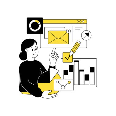 İş faaliyetlerine katılan erkek ve kadınların olduğu sahneler. İş kavramı çizimleri. E- posta talimatları, iş tavsiyeleri, iş desteği, kullanıcı rehberi. Vektör illüstrasyonu