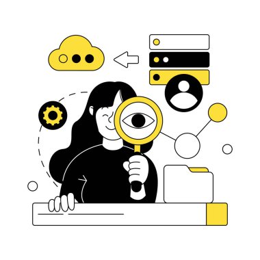 İş faaliyetlerine katılan erkek ve kadınların olduğu sahneler. İş kavramı çizimleri. Bulut senkronizasyonu, web araması, kişisel reklamlar, arama sorgulama analizleri. Vektör illüstrasyonu