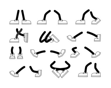 Retro karikatür ayakları farklı pozlarda. Çizgi filmlerdeki bacaklar. Çizmedeki komik maskot ayağı, ayakta duran, yürüyen, koşan, zıplayan. Vektör illüstrasyonu