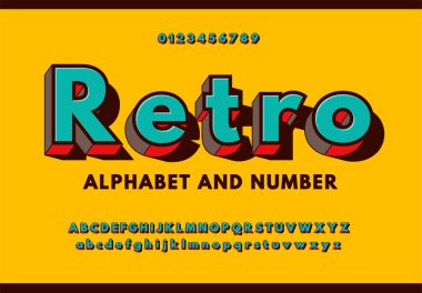 Renkli retro 3D, serif alfabesi yok. Retro font 90 'lar, harf ve sayılarla 80' ler. Vektör İllüstrasyonu.