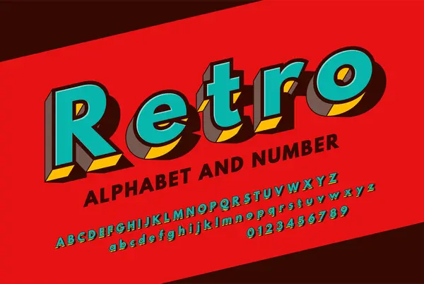 カラフルなレトロ3Dセリフのアルファベット レトロフォント 文字と数字で ベクターイラスト — ストックベクタ